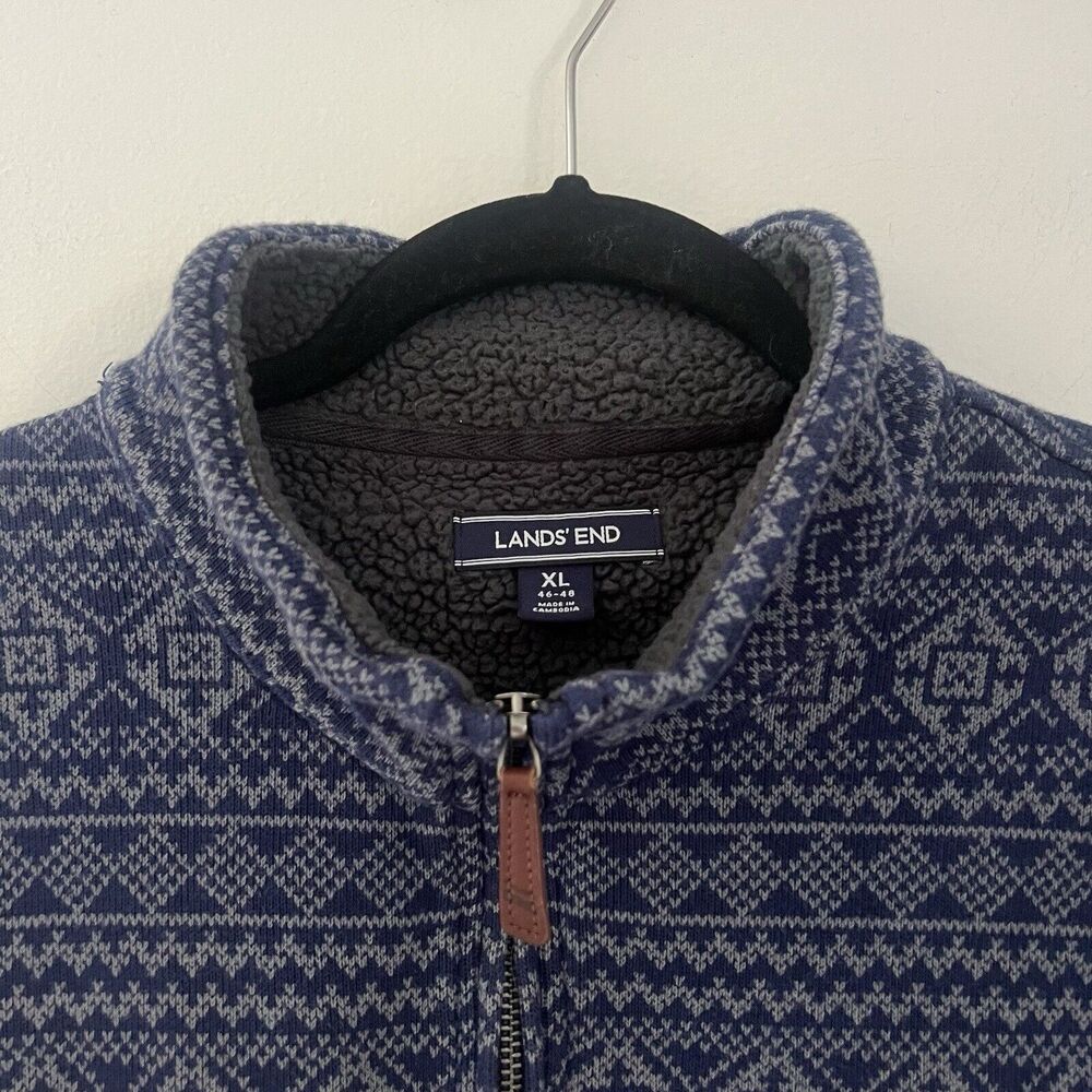 Lands End Mens 1/4 Zip Sweater Blue Fair Isle Print Sz XL - Picture 2 of 12